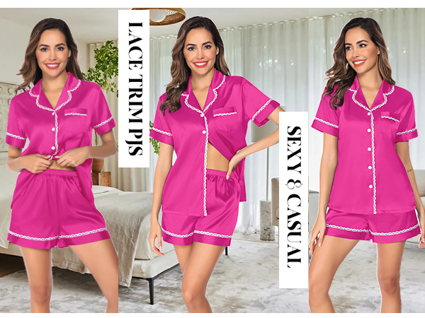 Satin Silky Summer Pajamas Women Lace Pj 2 Piece Preppy Lounge Shorts Button Down Tops Pj Loungewear