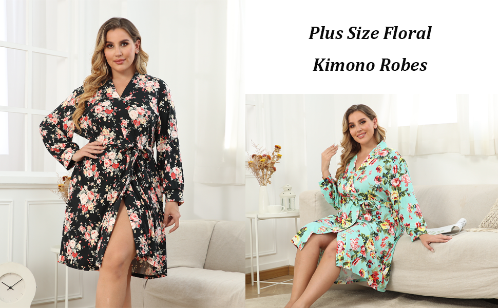 Showcasing a floral bathrobe in a bedroom scene that is lightweight and comfortable.