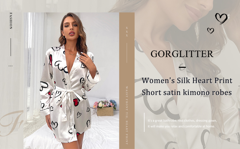 GORGLITTER Women''s Silk Heart Print Bridesmaid Robes Short Wedding Satin Robe Sleepwear