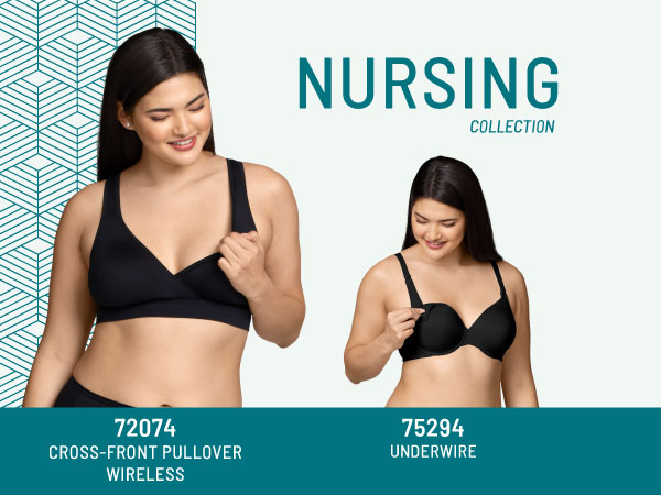 Model wearing 72074 Vanity Fair Cross-Front Pullover Wireless Bra next to 75294 Nursing Underwire