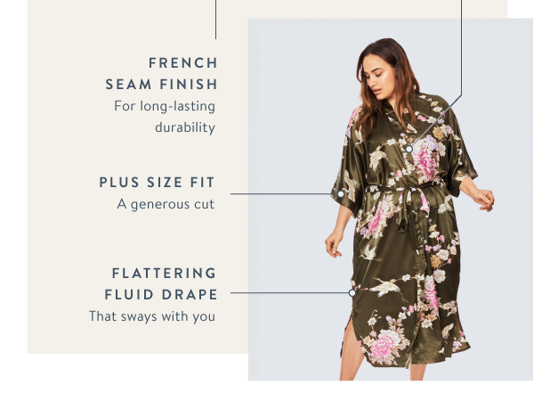 Satin plus size kimono robes, beautiful as a women’s bathrobe, maid of honor robe, or house dress.