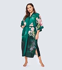 KIM+ONO Women''s Charmeuse Curve &amp; Plus Size Kimono Robe Coral Chrysanthemum in Emerald