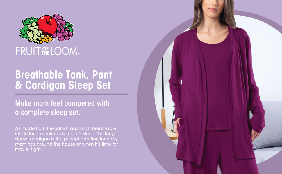 Fruit of the Loom, sleepwear, sleep, breathable cotton, tank, pant, cardigan, ladies, women