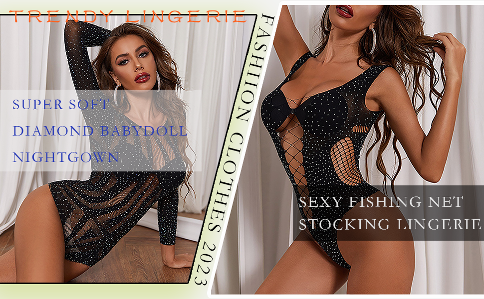 Womens Sexy Lingerie Bodysuit Diamond Fishing Net Stocking Babydoll Sleepwear