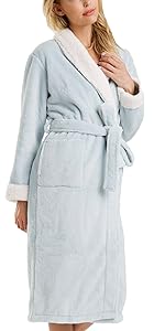 Woman wearing Light Blue Keila Sherpa Robe