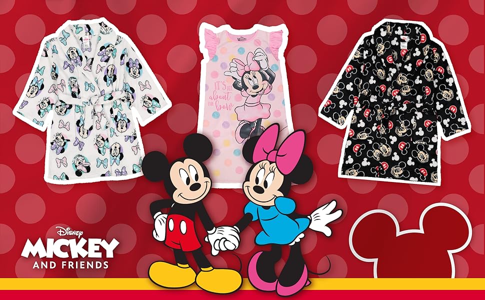 Minnie and Mickey holding hands in front of three pajama sets. Text reads: “Mickey and friends.”