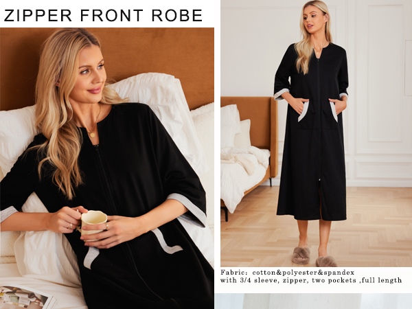  Zipper Robe 3/4 Sleeves Loungewear Novelty Full Length Sleepwear Pockets