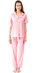 WiWi Womens Silk Satin Pajamas Set Short Sleeve