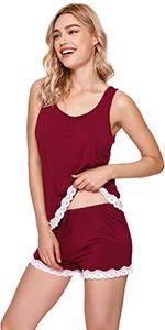 Women Bamboo Plus Size Sleepwear Soft Pjs Lace Tank Top with Shorts Pajamas Set