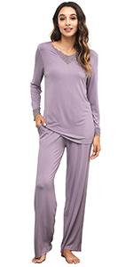 Womens Long Sleeve Sleepwear Laced V Neck Pjs