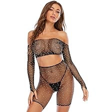 Women sexy mesh lingerie bodysuit fishnet bikini underwear costume rhinestones cropped top shorts