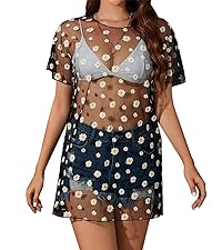 Womens Star Lettuce Trim Mesh See Through Glitter Dress Without Bra