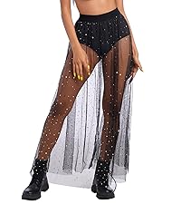 Women 2 in 1 Sheer Mesh Stars Sequins Maxi Tulle Skirt High Waist See Through A-Line Long Skirt