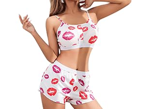 Women Cute Sleepwear Pajama 2 Pieces Set lips printed Print Cami Top and Shorts Lounge Wear