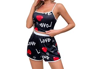 Women Valentine''s Day Sleepwear Pajama 2 Pieces Set Heart Love Print Cami Top and Shorts Lounge Wear