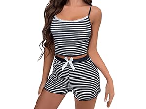 Women Casual Loungewear Sleepwear Pajama 2 Pieces Set striped Cami Top and Shorts Lounge Wear