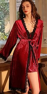 Women''s Long Velvet Robe Lace plush Robes