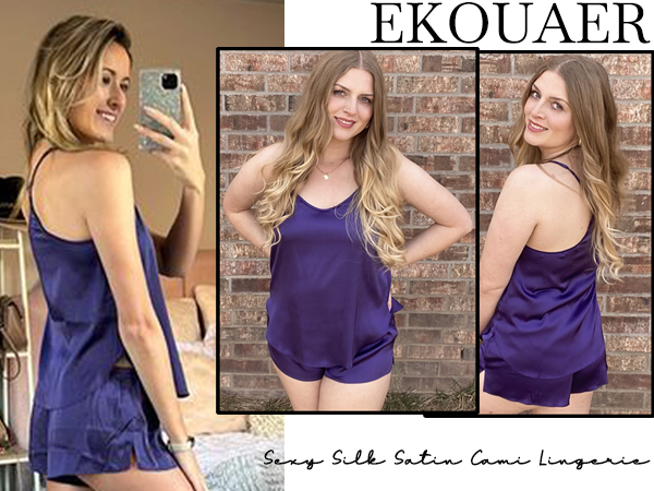 Ekouaer Pajamas Womens Sexy Lingerie Satin Sleepwear Silk Cami Shorts Set