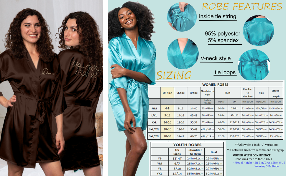 Custom Satin Womens Robes and Womens Plus Robes.  Available in sizes S/M, L/XL, XXL, 3XL/4XL, & 5XL.