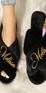 Custom Fluffy Slippers for women with Gold Glitter design