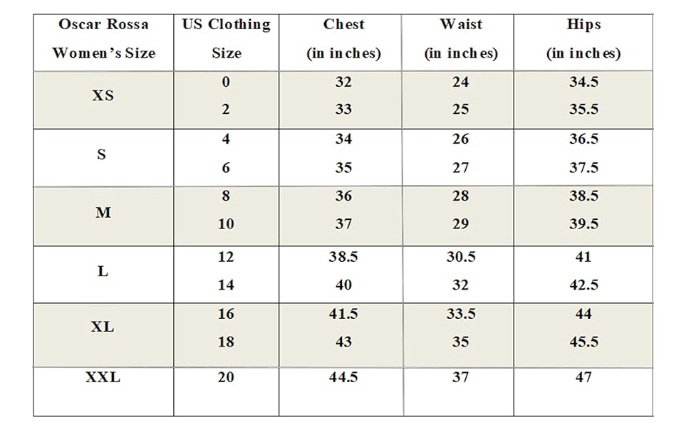 Oscar Rossa Women’s Size Information