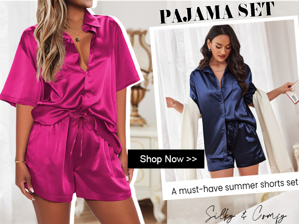 pajamas for Women Silk Soft Sleepwear Short Sleeve Button Down Satin Top and Shorts 2 Piece Set 