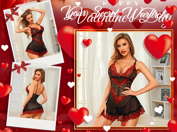 RSLOVE Babydoll Lingerie for Women Lace Chemise Sexy Nightgown Sleepwear Dress