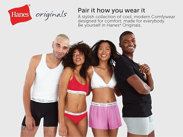 group of four diverse models wearing new modern Hanes Originals mix and match Comfywear collection