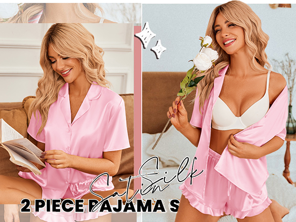 Womens Satin Pajamas Set Button Down 2 Piece Silk Pjs Shorts Set