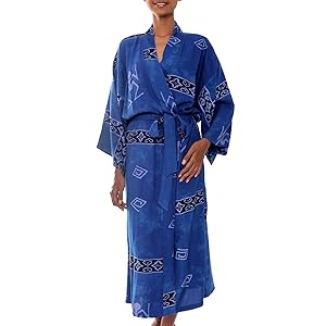 NOVICA,Blue,For Women,Rayon,Robe,Clothing,Apparel,Belt,Pockets,Printed,Cotton,Long Sleeves,Bathrobe