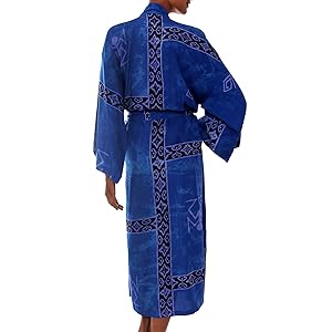 NOVICA,Blue,For Women,Rayon,Robe,Clothing,Apparel,Belt,Pockets,Printed,Cotton,Long Sleeves,Bathrobe