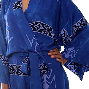 NOVICA,Blue,For Women,Rayon,Robe,Clothing,Apparel,Belt,Pockets,Printed,Cotton,Long Sleeves,Bathrobe