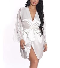 Women''s Bride Robe with Lace Sleeves Short Satin Bridesmaid Kimono Robes for Wedding Party