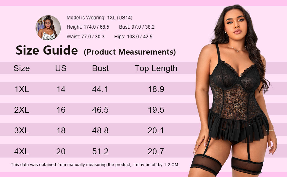 Milumia Women Plus Size 4 Piece Floral Lace Ruffle Hem Underwire Babydoll Lingerie Sets