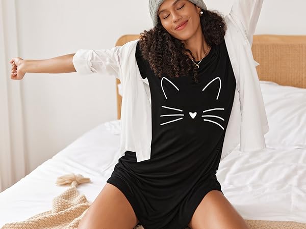 Nightgowns For Women Printed Nighshirts Round Neck Soft Sleepwear Dress