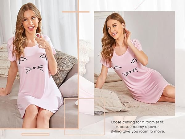 Women''s Nightshirt Short Sleeve Nightgown  Crew Neck Sleepwear Pajama Dress