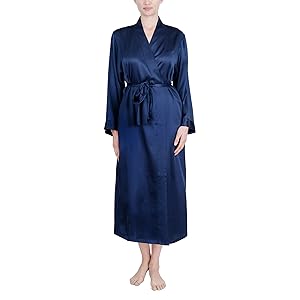 OSCAR ROSSA Women''s Luxury Silk Sleepwear 100%Silk Long Robe Kimono Midnight Blue