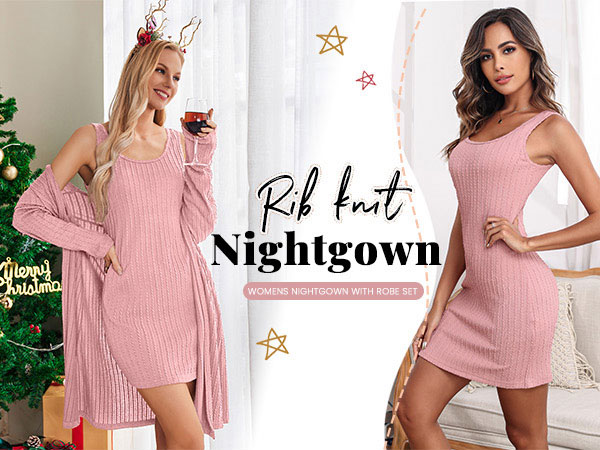 Womens Robe Set Round Neck Soft Casual Nightgown 2 Piece