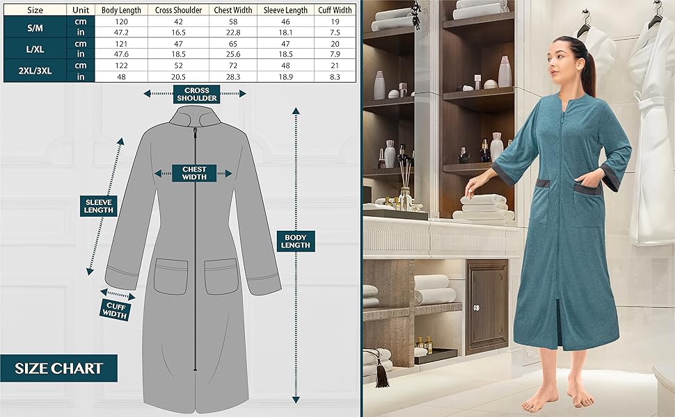 women zipper robe bath housecoat house coat bathrobe gown lightweight super soft cozy long zipped