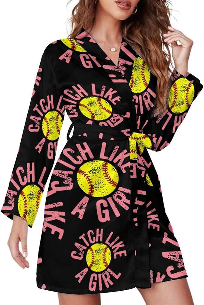 Catch Like A Girl Softball Short Robes For Women With Belt Long Sleeve Womens Nightgown Soft Bathrobe Loungewear