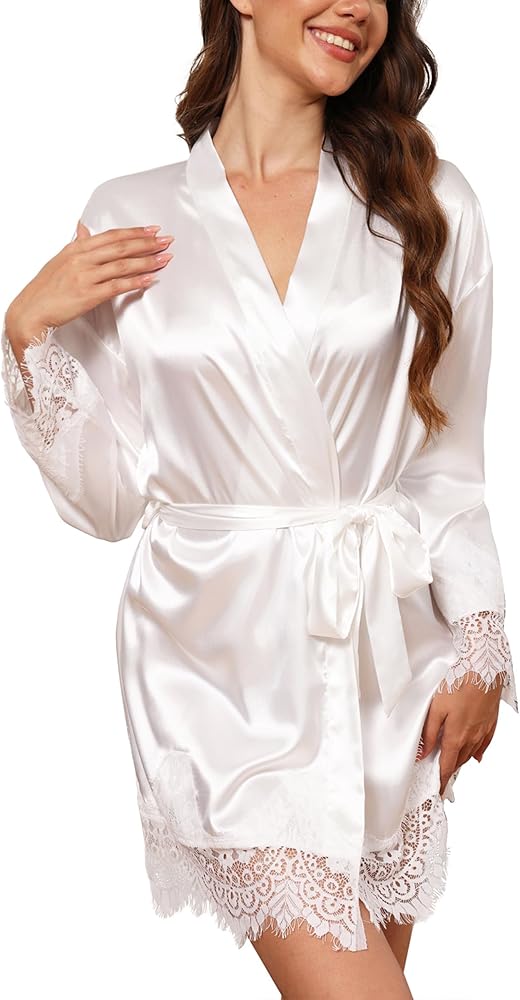 Womens Silk Satin Robe Lightweight Kimono Robes with Sexy Lace Trim Robe for Bridal Bride Bridesmaid Robes