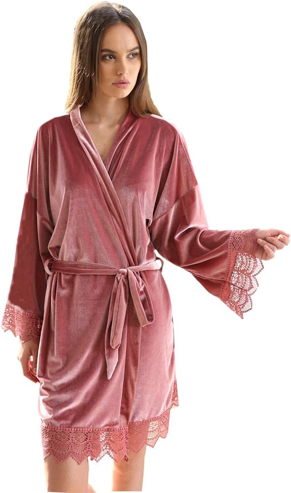 Women Velvet Robes, Soft Fuzzy Kimono Bathrobe for Women Bridal Wedding Sleepwear