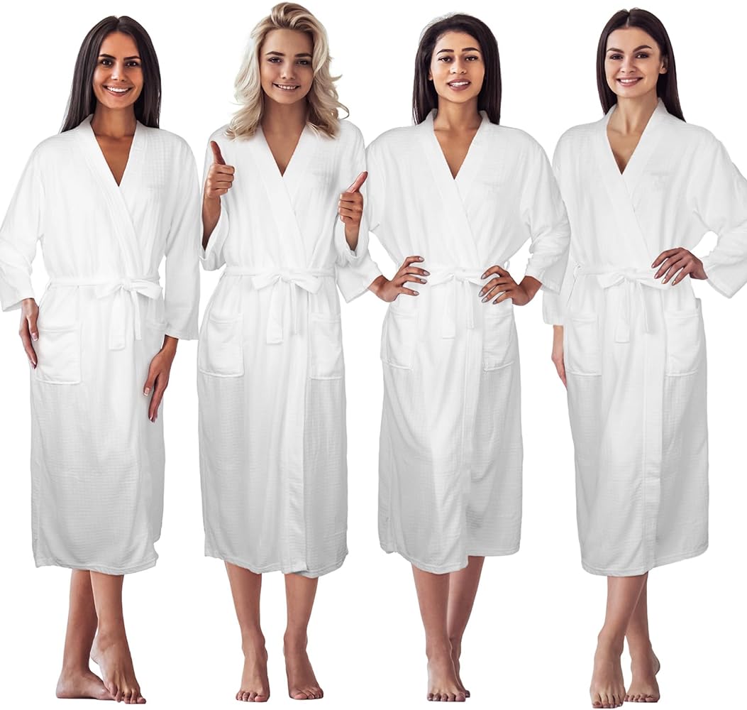 Newcotte 4 Pcs Women Bridesmaid White Bath Robe Sets Long Waffle Spa Bathrobes with Belt for Team Hotel Bachelorette Party