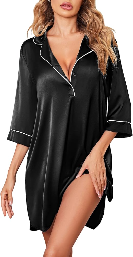 Ekouaer Womens Silk Nightgown 3/4 Sleeve Sleepwear Satin Boyfriend Sleepshirt Button Nightshirt S-2XL