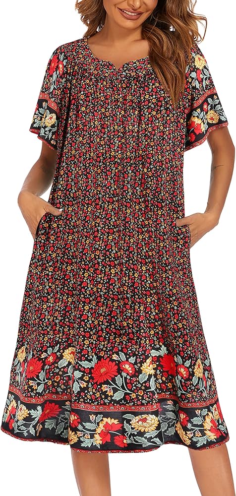 Ekouaer Womens Nightgown Short Sleeve House Dress with Pockets-Floral Print Mumu Dress