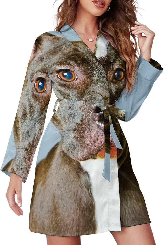 Pit Bull Dog Short Robes For Women With Belt Long Sleeve Womens Nightgown Soft Bathrobe Loungewear