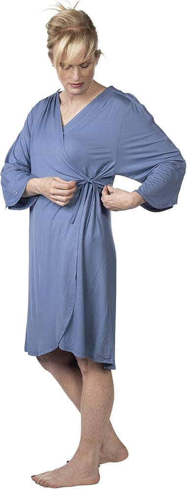 Comfy Hospital Gowns for Women with Snap Sleeves, Chemo Shirt for Port Access, Mastectomy Robe with Pockets