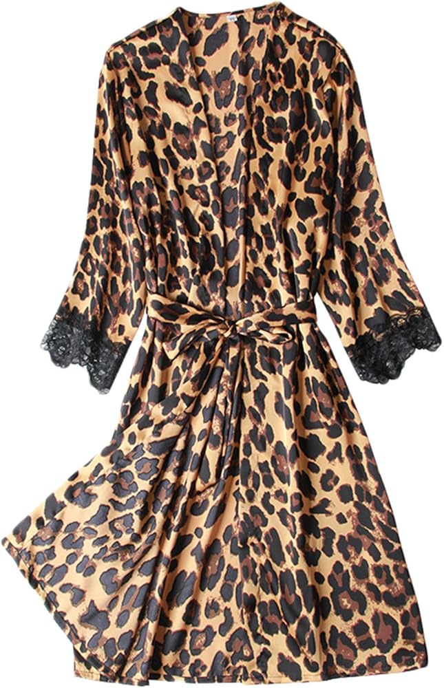 Andongnywell Women's Satin Pajamas Lace Kimono Robe Nightgown Sleepwear Nightwear Lace Leopard Bathrobe