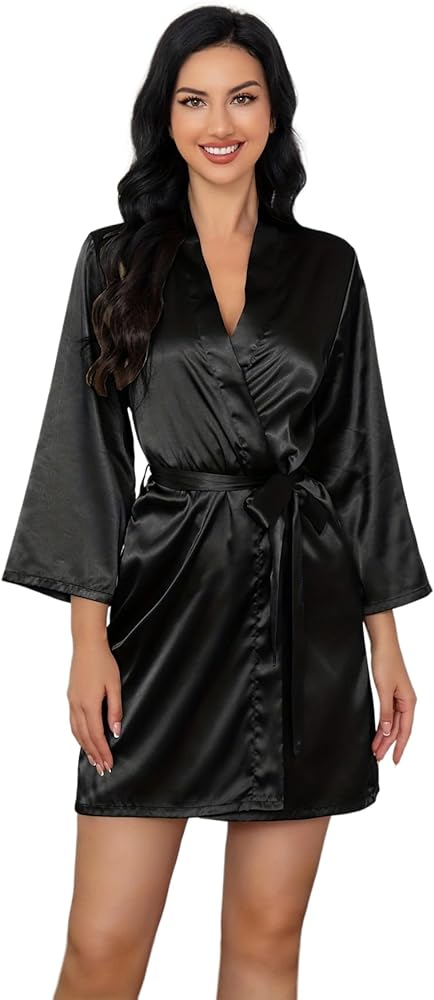 V Neck Satin Robe for Women, 3/4 Sleeve Short House Robe With Belt, Pure Color Kimono Bathrobe, Bridal Party Robes