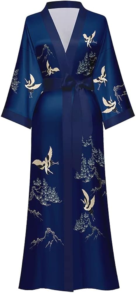 Kimono Robes for Women Long Dressing Gown Charmeuse Satin Floral Print Silky Robe Sleepwear Wedding Bachelorette Party